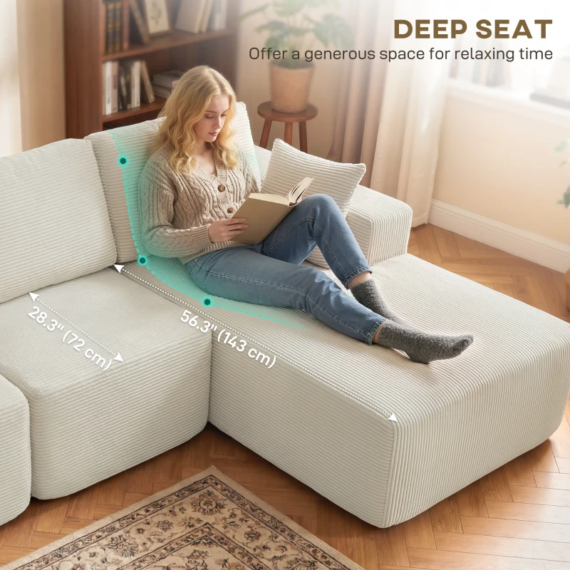 HOMCOM 2-in-1 Modular Sectional Sofa, Boneless L Shaped Couch Sofa Bed, Cream White