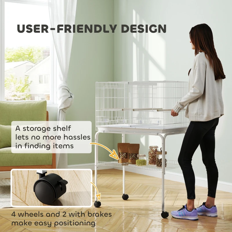 PawHut 46" H Bird Cage, Large Parakeet Cage for Budgie, Lovebird, Canary, Finches with Divider, White