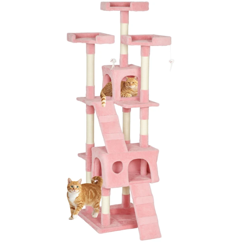 PawHut 68-inch Multi-Level Cat Scratching Tree Kitty Activity Center Post Tower Condo Pet Furniture w/ Toy Pink