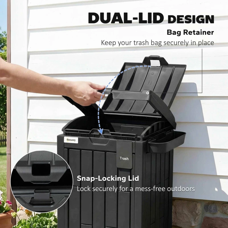 Outsunny 29 Gallon Outdoor Garbage Bin with Dual Lid, Plastic Outdoor Waste Trash Can with Side Holder and Drip Tray, Black