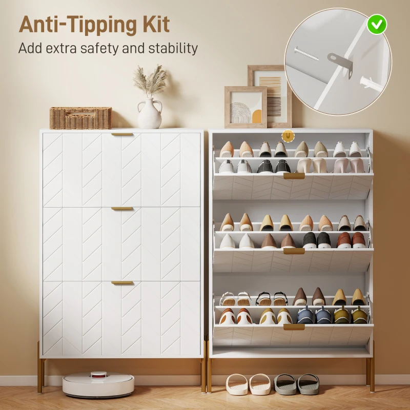 HOMCOM Shoe Cabinet with 3 Flip Drawers, Modern Narrow Shoe Storage Cabinet with Adjustable Shelves, White