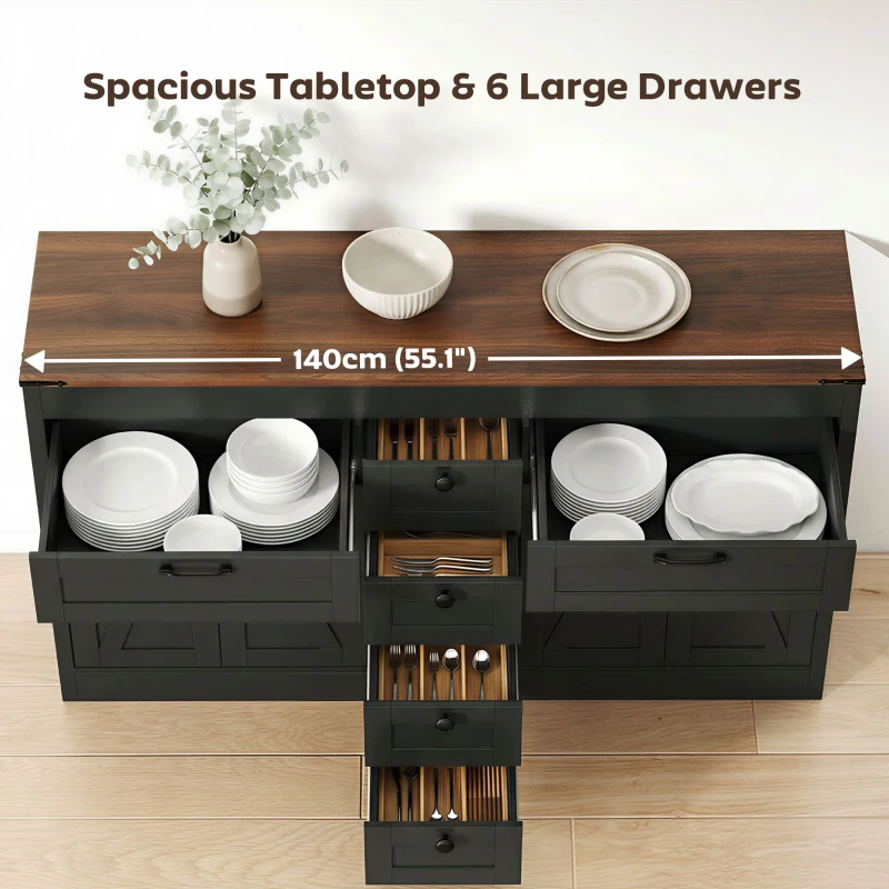 HOMCOM Sideboard Buffet Cabinet, 55" Farmhouse Kitchen Cabinet with 4 Barn Doors, 6 Drawers and 2 Adjustable Shelves, Black