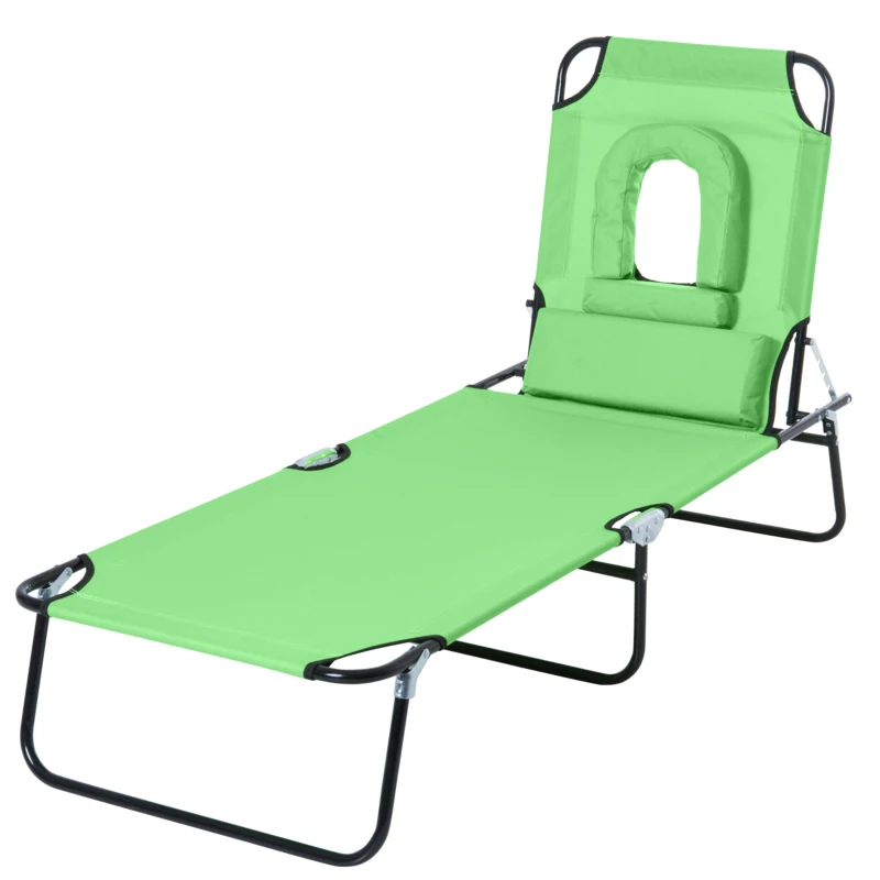 Outsunny Folding Chaise Lounge Chair, Reclining Beach Tanning Chair with Face Hole, Pillow, 4-Position Adjustable Lay Flat Sun Lounger, Steel Frame for Outdoor Patio Pool, Green