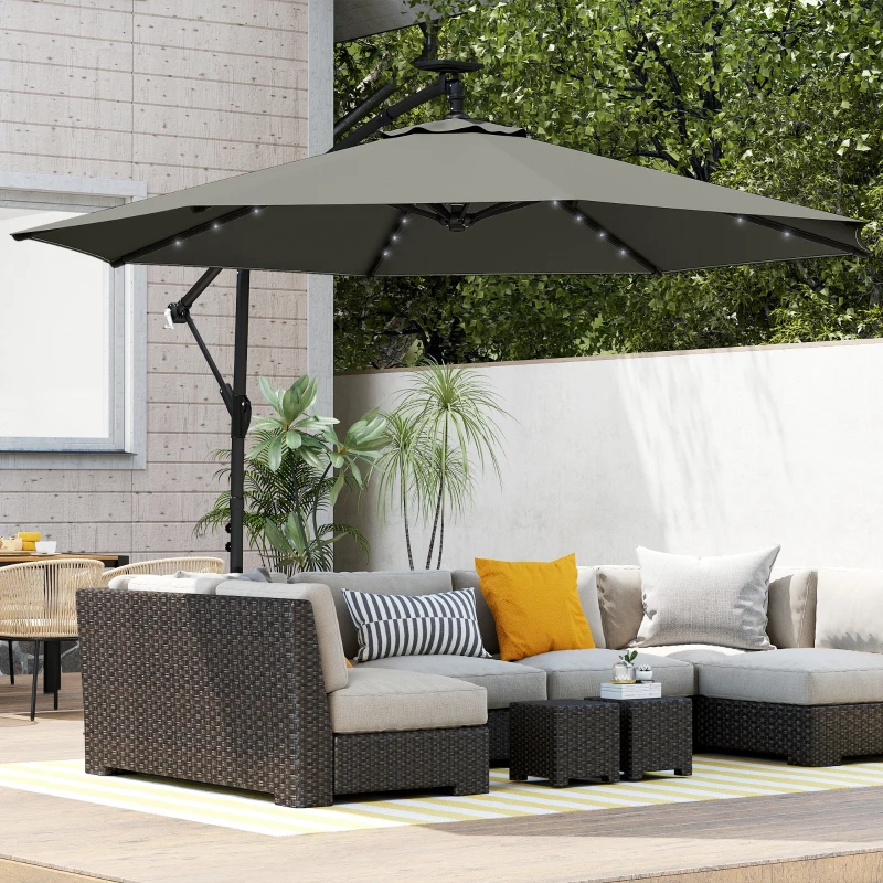 Outsunny 9.7 ft Cantilever Patio Umbrella with Solar Light, Garden Hanging Parasol with Cover, Tilt, Crank, Grey