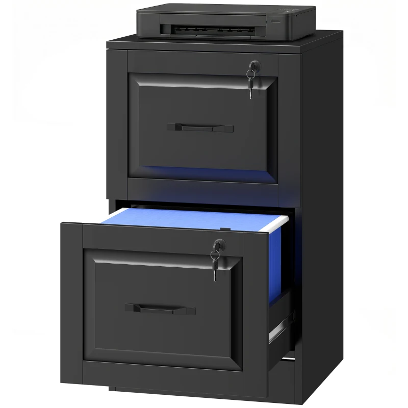 HOMCOM 2 Drawer File Cabinet with Lock, Vertical Filing Cabinet with Adjustable Hanging Bars for A4 and Letter Size, Black