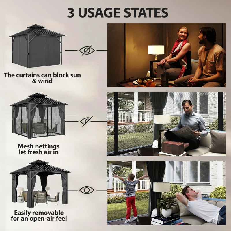 Outsunny 10' x 10' Hardtop Gazebo Canopy with Double Galvanized Steel Roof, Aluminium Frame Permanent Outdoor Gazebo, Dark Grey
