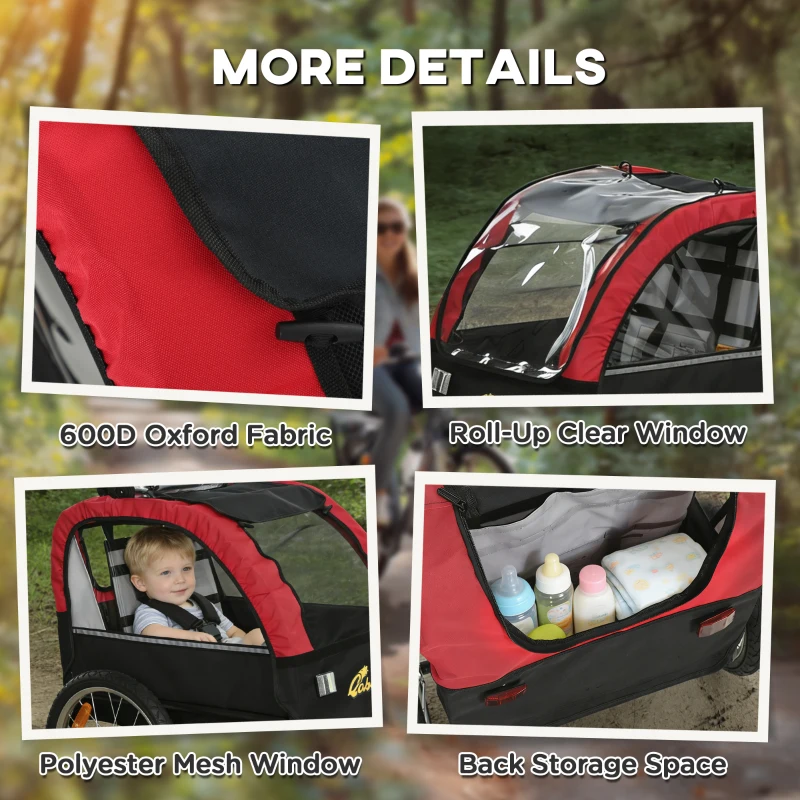 Qaba Bike Trailer for Kids, Baby Bicycle Trailer with 5-Point Harness, 16" Rubber Wheels, Storage Bag, for 18+ Months, Red