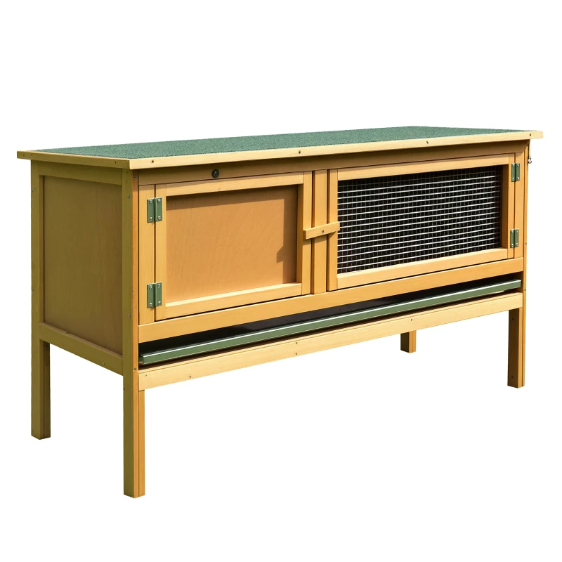 PawHut Wooden Rabbit Hutch, Indoor Outdoor Bunny Cage with Slide-Out Tray and Openable Roof, Small Animal Cage