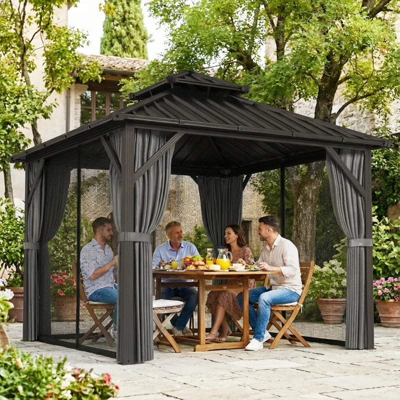 Outsunny 10' x 10' Hardtop Gazebo Canopy with Double Galvanized Steel Roof, Aluminium Frame Permanent Outdoor Gazebo, Dark Grey