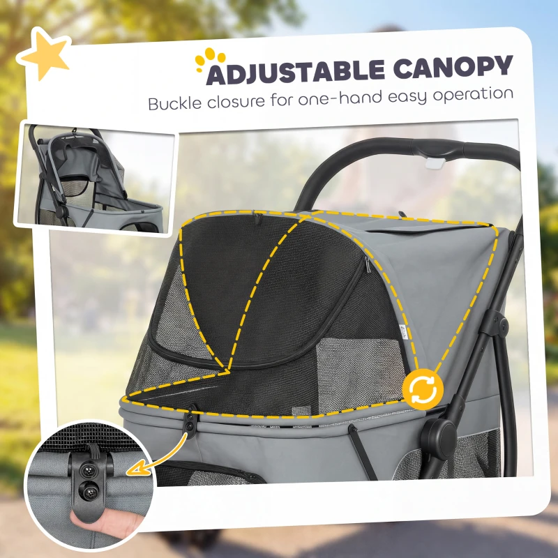 PawHut 3 Wheel Pet Stroller with Easy One-Click Quick Fold, Mesh Window, Washable Cushion, for Medium Dogs, Gray