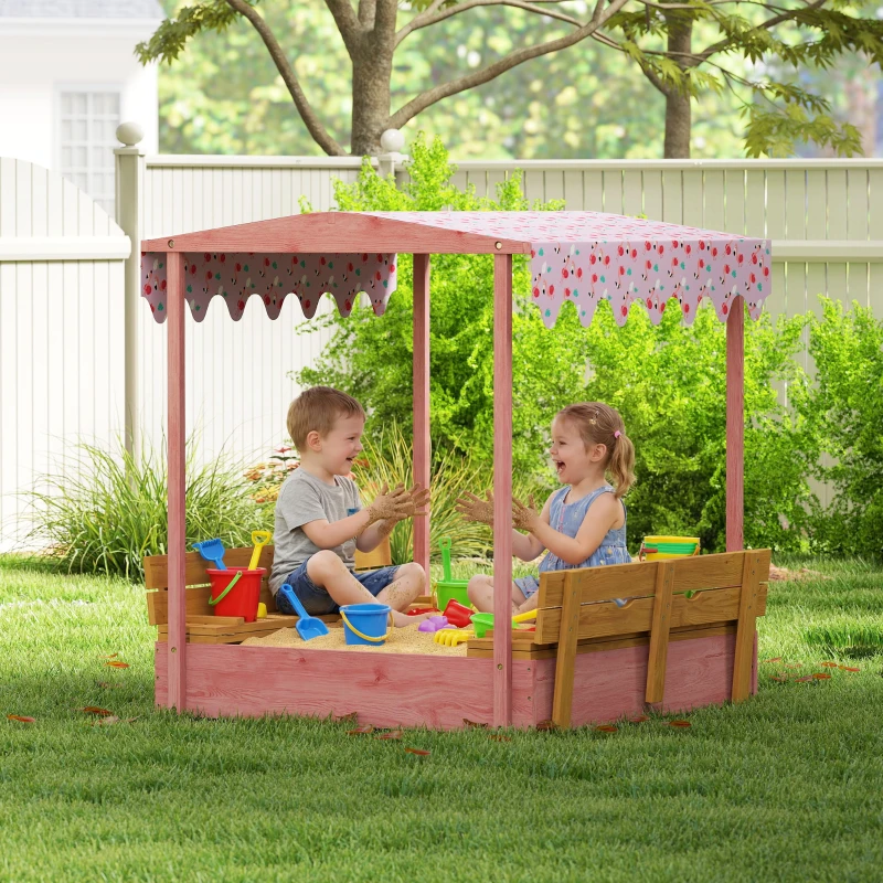 Qaba Wooden Sandbox with Cover, Kids Sandbox Outdoor with Seat, Bottom Liner, Canopy for Ages 3-6, Flamingos Print, Pink