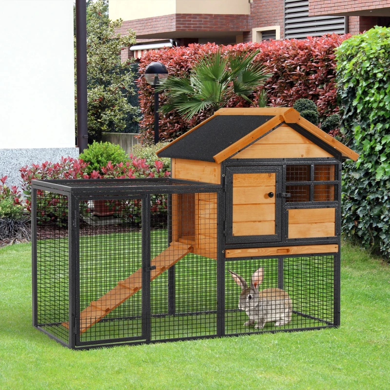 PawHut Rabbit Hutch Outdoor, 48"L Large Wooden Bunny Cage with Run, Bite-Resistant Metal Frame, Removable Plastic Tray, Asphalt Roof, Ramp, Guinea Pig Cage for 1-2 Rabbits, Yellow
