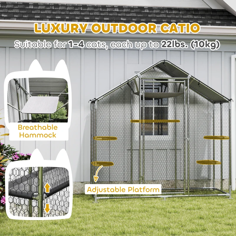 PawHut Large Catio Outdoor Cat Enclosure with Waterproof Cover, Walk-in Cat Patio w/ 5 Adjustable Platforms & Hammock 79" W
