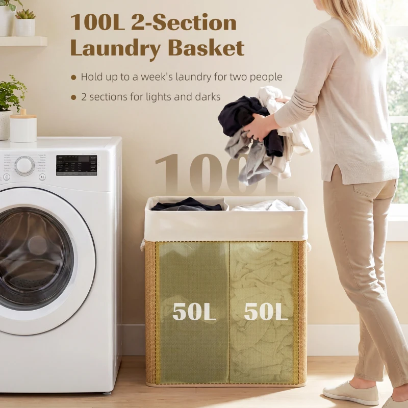 HOMCOM Double Laundry Basket with Lid, 100L Bamboo Laundry Hamper with Rope Handles and Removable Bags, Brown