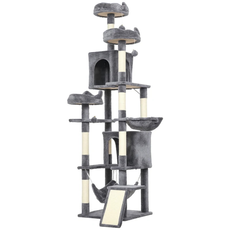 PawHut 76" Large Cat Tree for Indoor Cats with 8 Scratching Posts, 3 Plush Beds, 2 Hammocks, 2 Large Condos, Ramp, Dark Grey