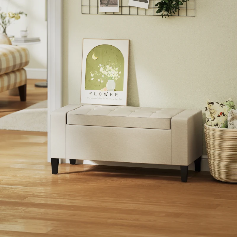 HOMCOM 36" Storage Ottoman Bench, Linen-Look Fabric End of Bed Bench with Solid Wood Frame and Legs, Tufted Storage Chest, Footrest for Living Room, Bedroom, Entryway, Beige