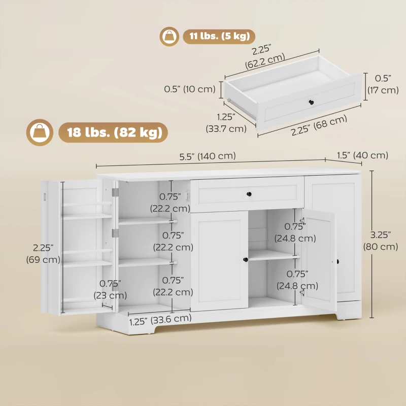 HOMCOM 55" Modern Kitchen Storage Cabinet with Drawer, Adjustable Shelves, Small Kitchen Pantry with Door Racks, White