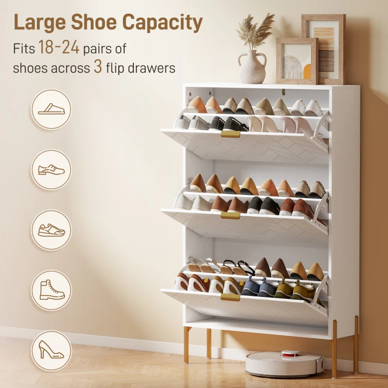 HOMCOM Shoe Cabinet with 3 Flip Drawers, Modern Narrow Shoe Storage Cabinet with Adjustable Shelves, White
