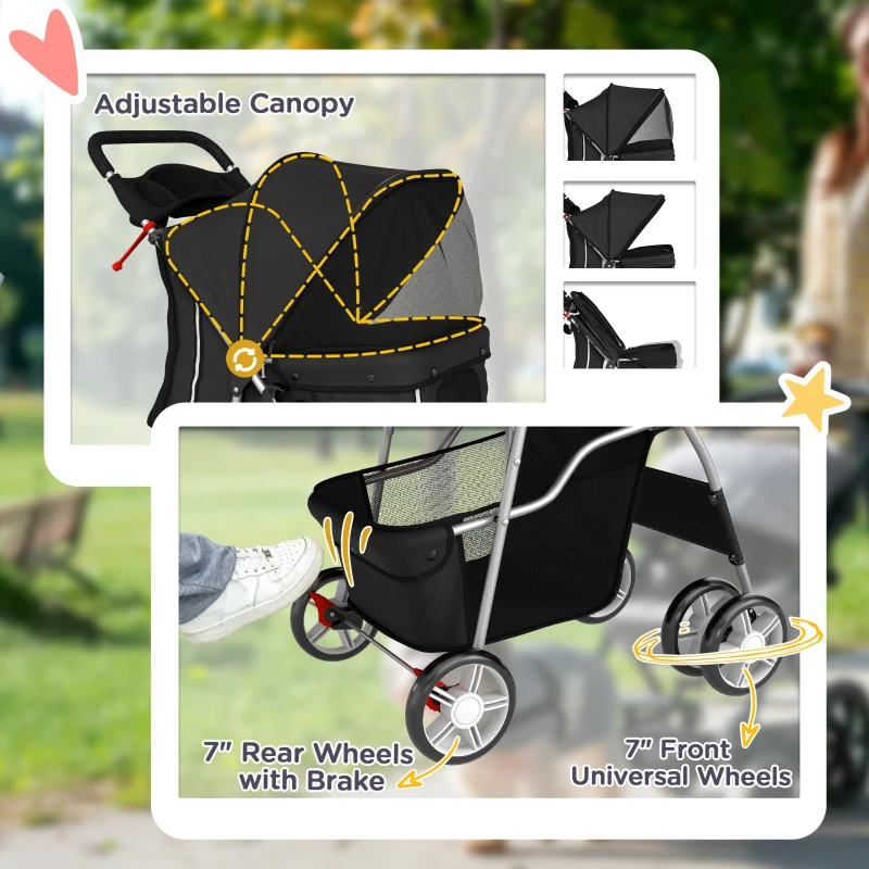 PawHut Pet Stroller with Reflective Strips, Foldable Cat Stroller with 360° Swivel Wheels for Small Dogs and Cats, Black