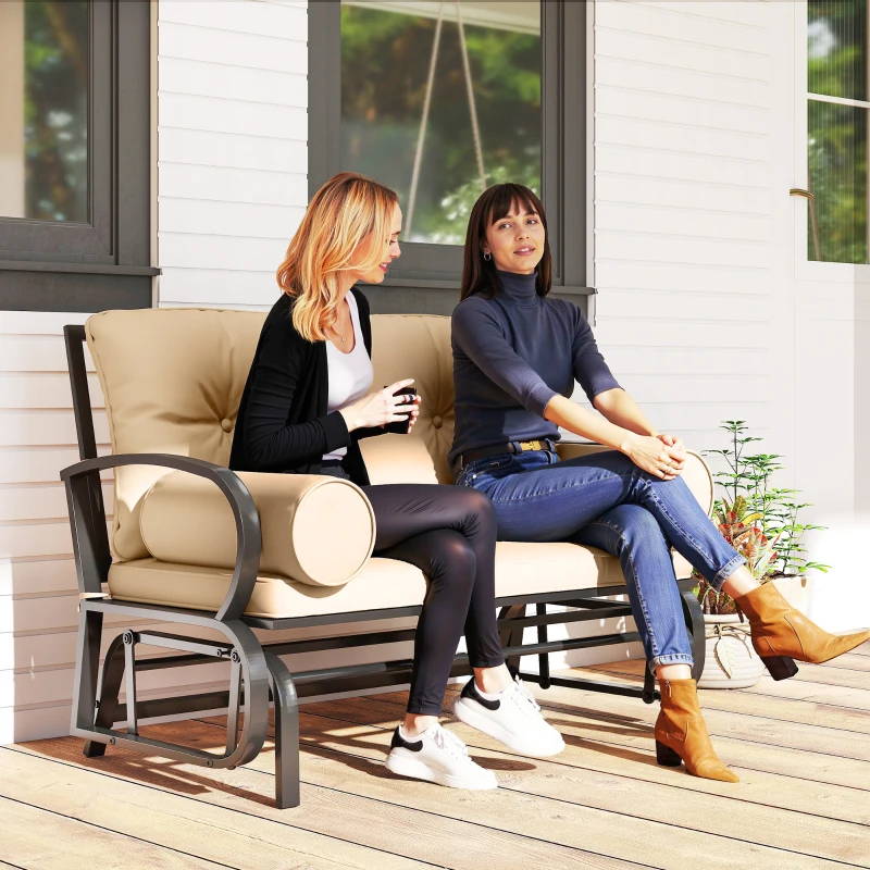 Outsunny Swing Glider Rocking Chair, Double Patio Bench, 2 Person Loveseat with Steel Frame, Cushions, Pillow Armrests, Khaki