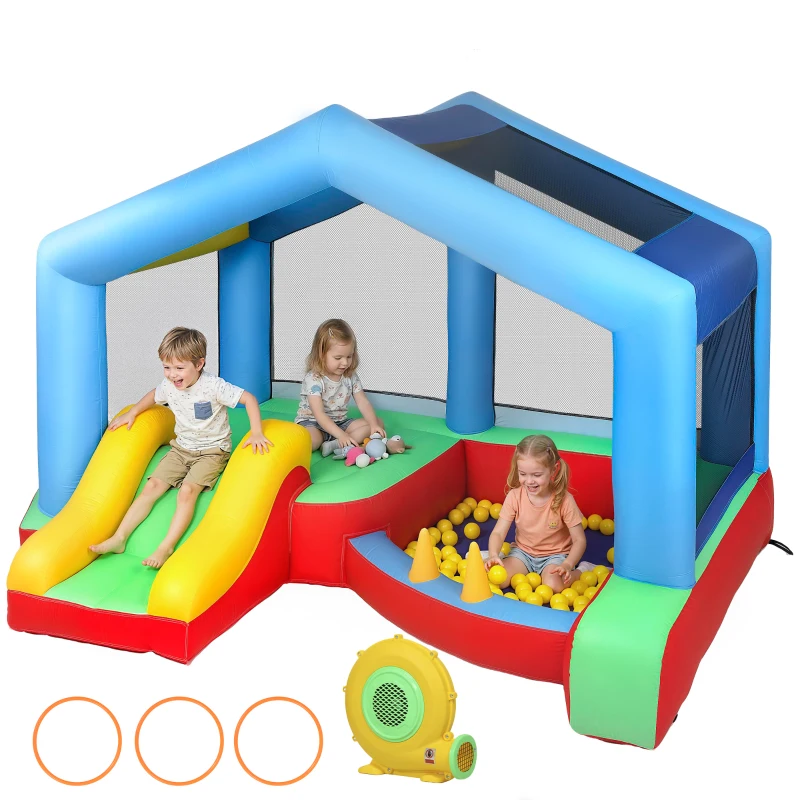 Qaba Bouncy Castle for Kids, Inflatable Bounce House with Slide, Ball Pit, Ring Toss Game, Sunshade and Blower