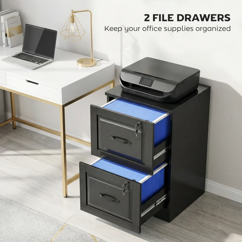 HOMCOM 2 Drawer File Cabinet with Lock, Vertical Filing Cabinet with Adjustable Hanging Bars for A4 and Letter Size, Black