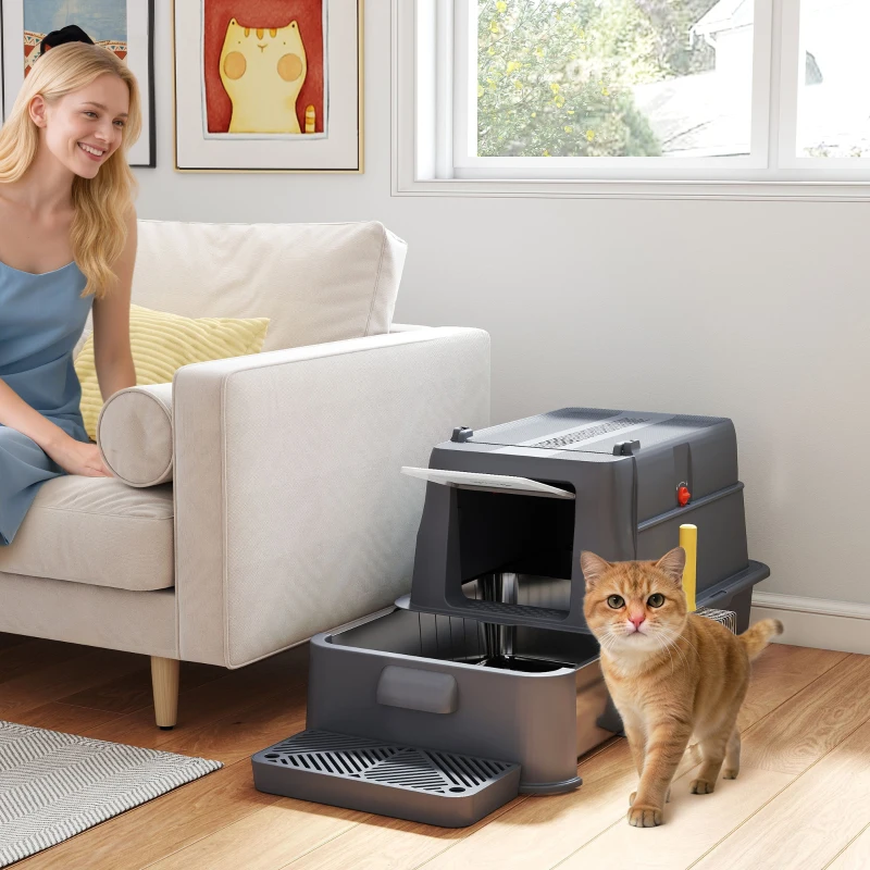 PawHut 80L XL Stainless Steel Cat Litter Box for Big Cats with Flip Cover, Pull-Out Drawer Tray, High Sided, Pedal, Dark Grey