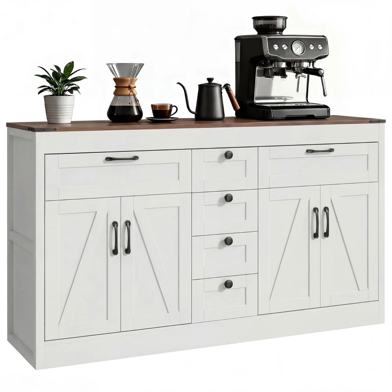 HOMCOM Sideboard Buffet Cabinet, 55" Farmhouse Kitchen Cabinet with 4 Barn Doors, 6 Drawers and 2 Adjustable Shelves, White