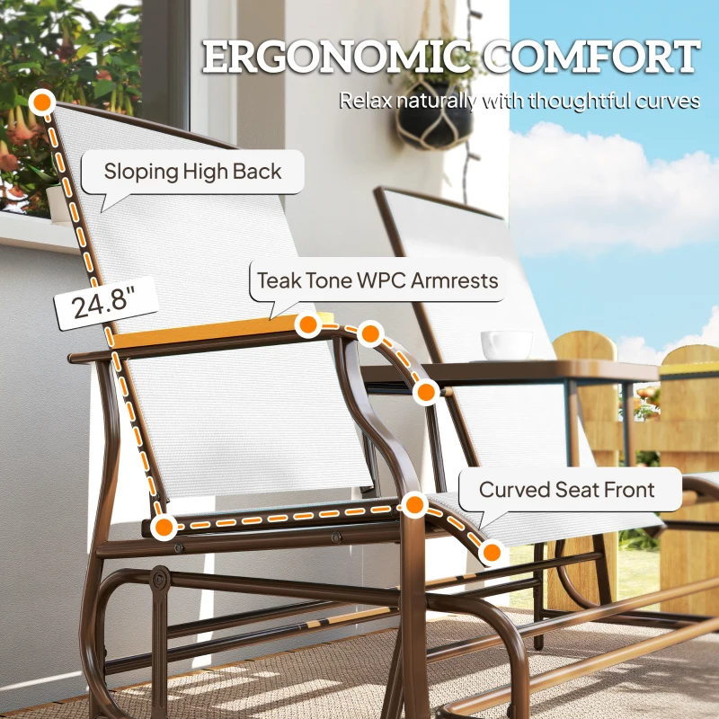 Outsunny Outdoor 2-Person Glider Bench, Outside Glider Swing Chair Loveseat with Table, Steel Frame, Cream White