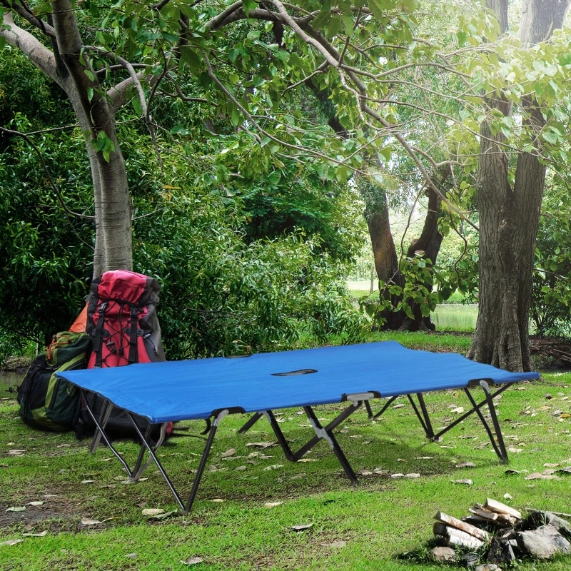 Outsunny 2 Person Folding Camping Cot for Adults, 50" Extra Wide Outdoor Portable Sleeping Cot with Carry Bag, Elevated Camping Bed, Beach Hiking, Blue