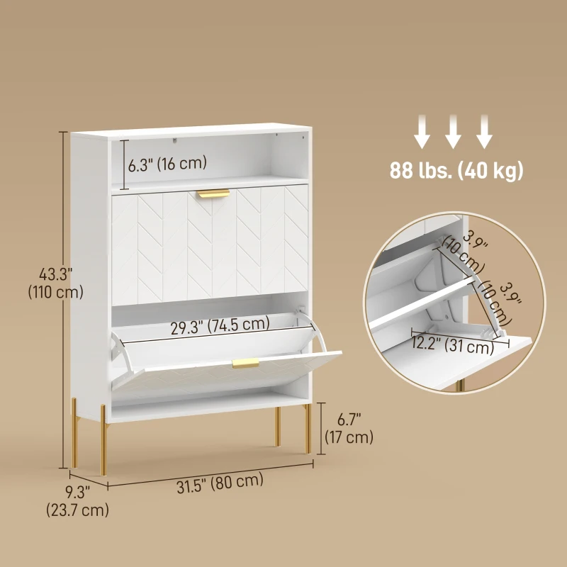 HOMCOM Shoe Cabinet with 2 Flip Drawers, Modern Narrow Shoe Storage Cabinet with Open Compartment, Adjustable Shelves, White