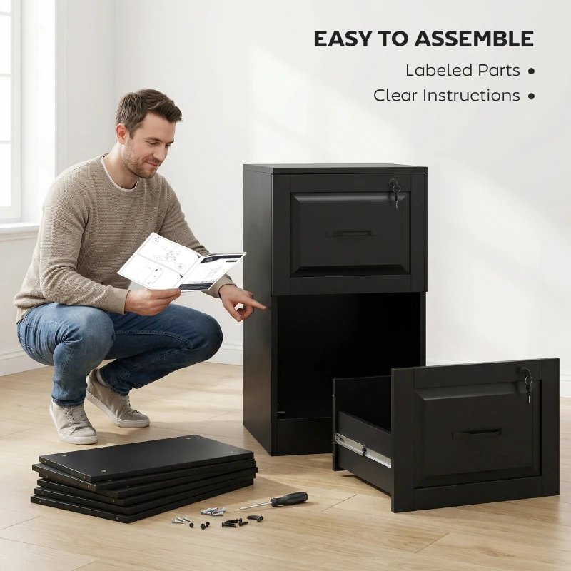 HOMCOM 2 Drawer File Cabinet with Lock, Vertical Filing Cabinet with Adjustable Hanging Bars for A4 and Letter Size, Black