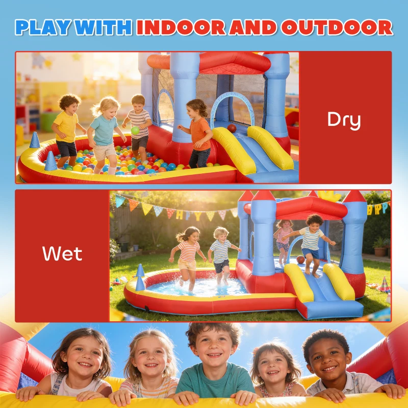 Qaba Bouncy Castle for Kids, Inflatable Bounce House with Slide, Pool/Ball Pit, Basketball Hoop and Blower for Indoor Outdoor