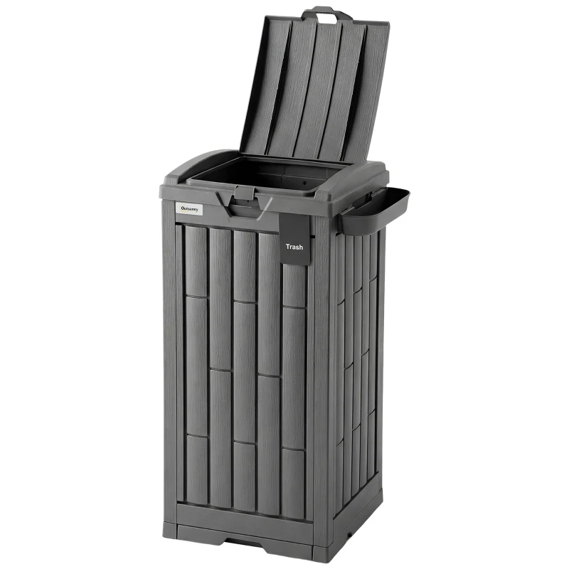 Outsunny 29 Gallon Outdoor Garbage Bin with Dual Lid, Plastic Outdoor Waste Trash Can with Side Holder and Drip Tray, Grey