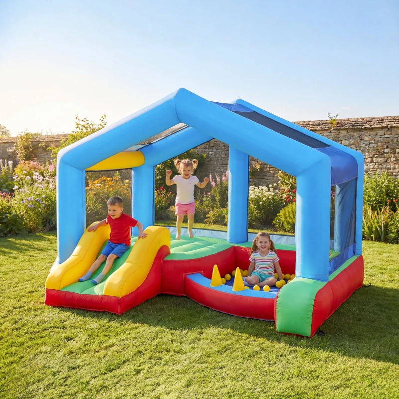 Qaba Bouncy Castle for Kids, Inflatable Bounce House with Slide, Ball Pit, Ring Toss Game, Sunshade and Blower