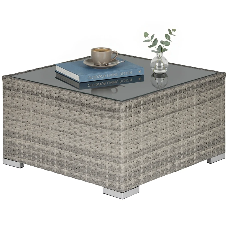 Outsunny Rattan Garden Coffee Table, 25.6" Square Garden Rattan Table with Tempered Glass Top, Grey