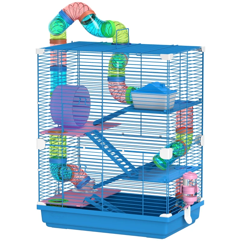 PawHut 5 Tiers Hamster Cage Portable with Exercise Wheels Play Tube Water Bottle Dishes House Ladder for Gerbils, Dark Blue