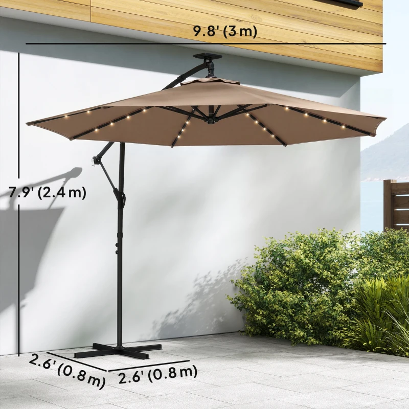 Outsunny 9.7 ft Cantilever Patio Umbrella with Solar Light, Garden Hanging Parasol with Cover, Tilt, Crank, Khaki