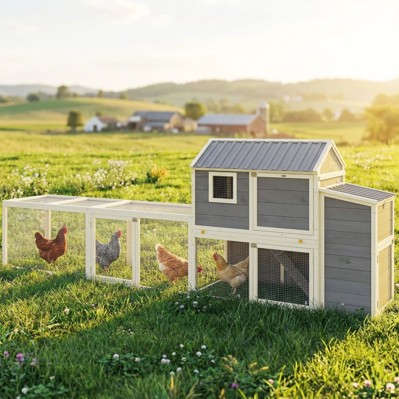 PawHut Large Chicken Coop, 134"L Wooden Chicken House with Run, Nesting Box, Slide-Out Tray, Waterproof Roof and Ramp