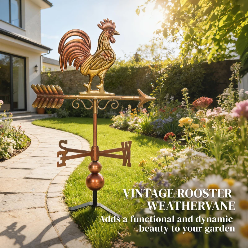 Outsunny Metal Rooster Weathervane, Roof Mount Wind Direction Indicator, Outdoor Weather Vanes