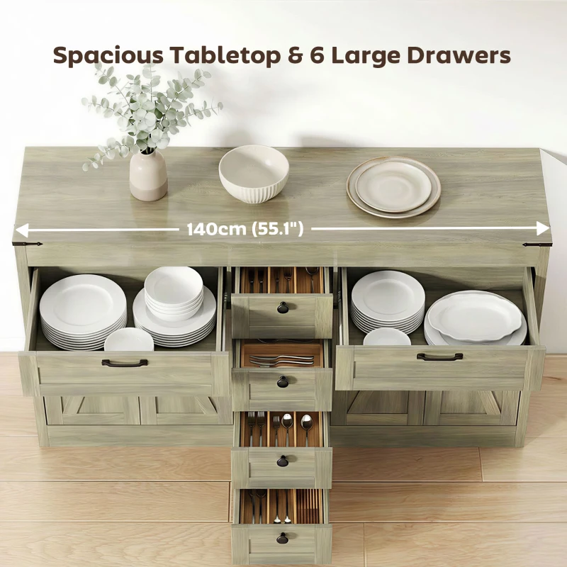 HOMCOM Sideboard Buffet Cabinet, 55" Farmhouse Kitchen Cabinet with 4 Barn Doors, 6 Drawers and 2 Adjustable Shelves, Grey