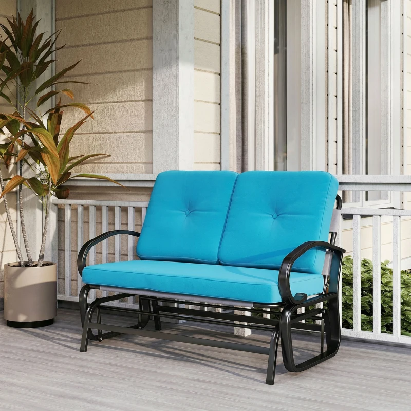 Outsunny Outdoor Glider Bench, 2-Person Patio Rocker Loveseat with Tufted Cushions, Steel Frame for Porch, Garden Backyard, Blue