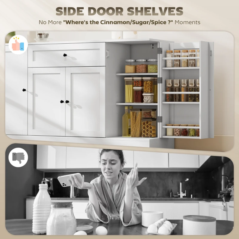 HOMCOM 55" Modern Kitchen Storage Cabinet with Drawer, Adjustable Shelves, Small Kitchen Pantry with Door Racks, White