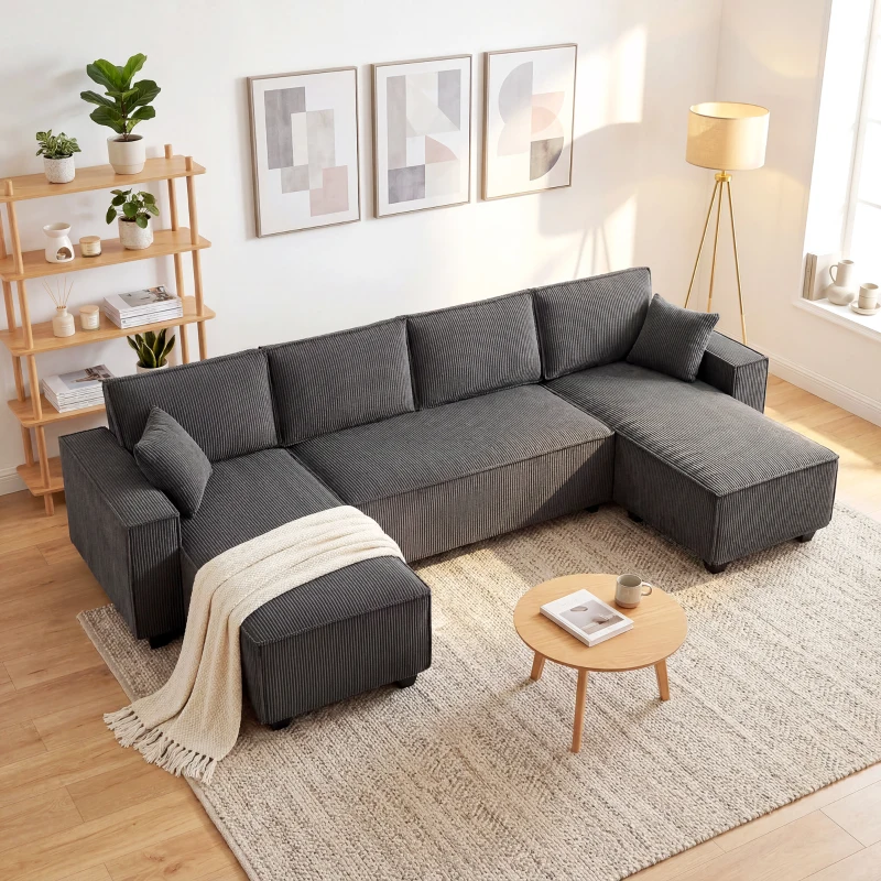 HOMCOM Modular U Shaped Couch, Sectional Sofa with Double Chaises and Spring Cushions, Dark Grey