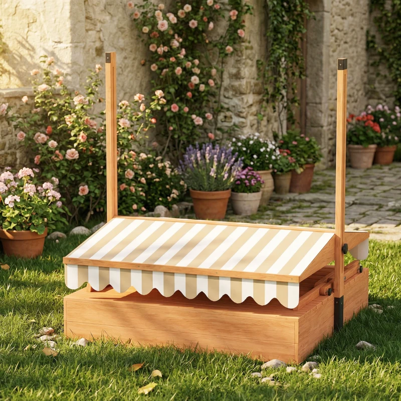 Qaba Kids Sandbox with Canopy, Wooden Sand Box with Foldable Picnic Table, Bench Seats, Liner, Cover, Gift for Ages 3-8