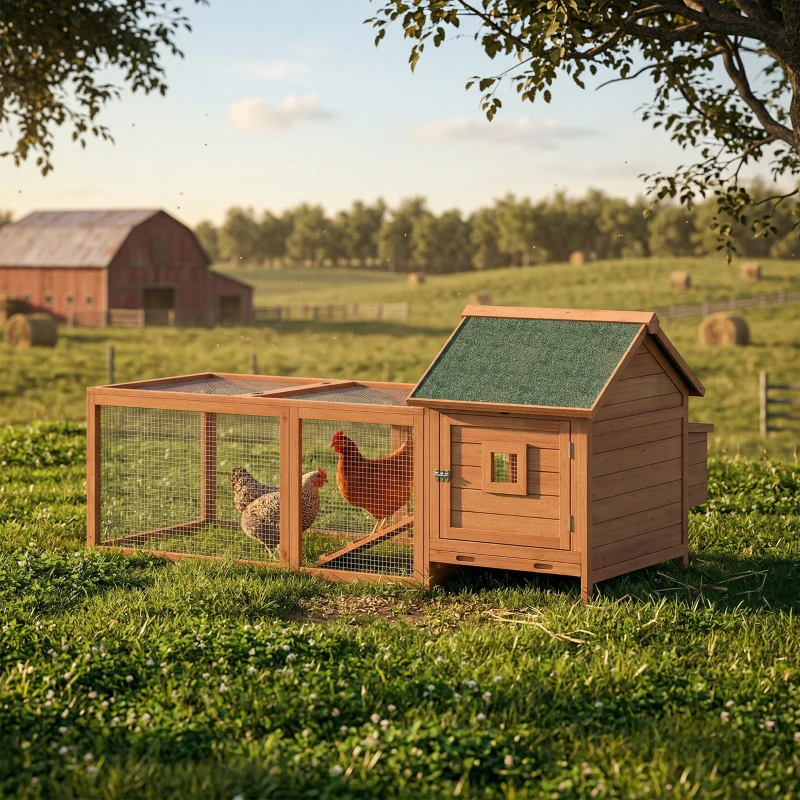 PawHut 72" Chicken Coop, Wooden Hen House for 2 Chickens, Poultry Cage with Run, Nesting Box, Removable Tray, Waterproof Roof