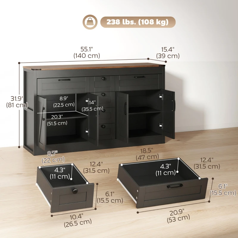 HOMCOM Sideboard Buffet Cabinet, 55" Farmhouse Kitchen Cabinet with 4 Barn Doors, 6 Drawers and 2 Adjustable Shelves, Black