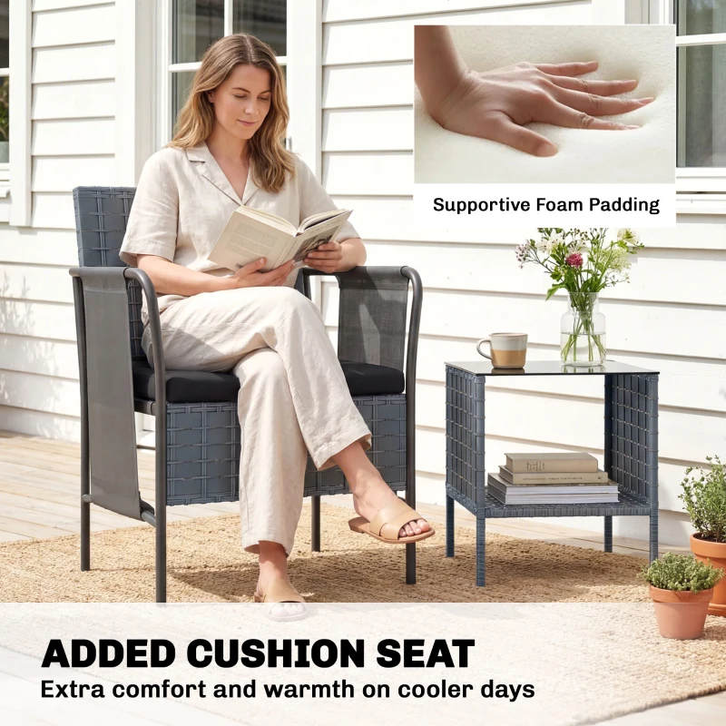 Outsunny 3 Piece Wicker Patio Furniture Set, Outdoor Bistro Set, Side Pockets, Mesh Seat, 2 Tier Glass Table, Cushions, Black