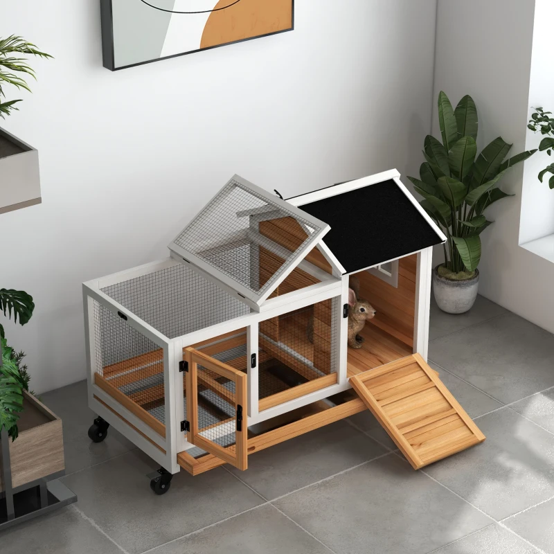 PawHut Rabbit Cage with Wheels, Ramp, Run, Tray for Indoor Outdoor, Suitable for Rabbit, Guinea Pig, Yellow