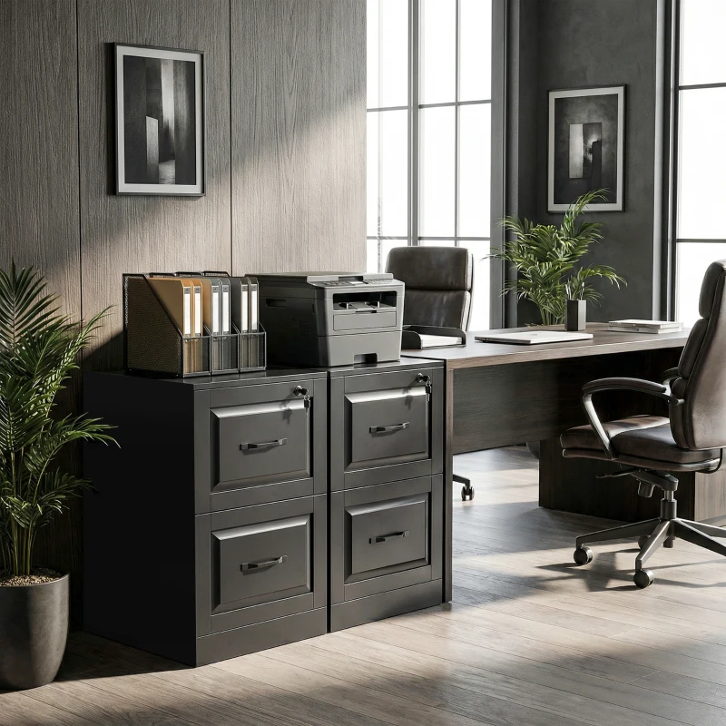 HOMCOM 2 Drawer File Cabinet with Lock, Vertical Filing Cabinet with Adjustable Hanging Bars for A4 and Letter Size, Black